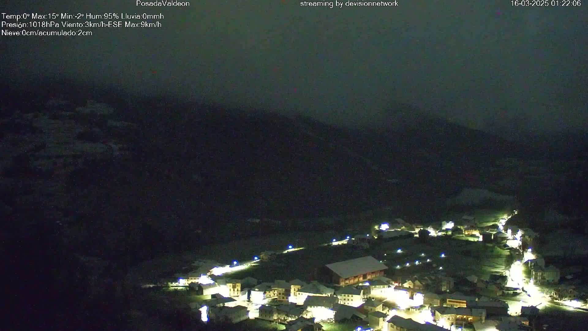 A small, snow-covered village is illuminated at night under a dark, overcast sky.