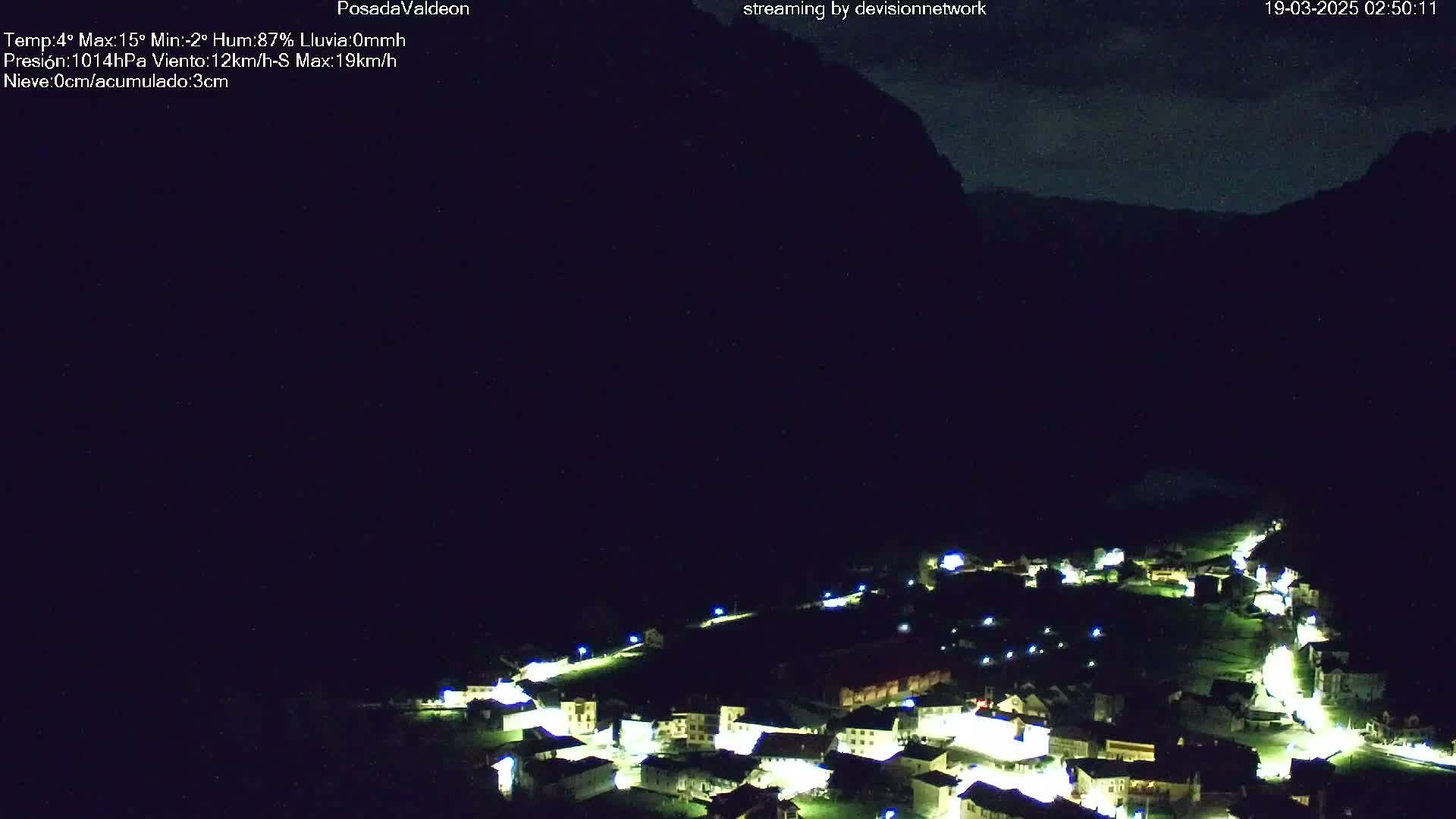 A small, illuminated village nestled at the base of a dark mountain at night under a partly cloudy sky.