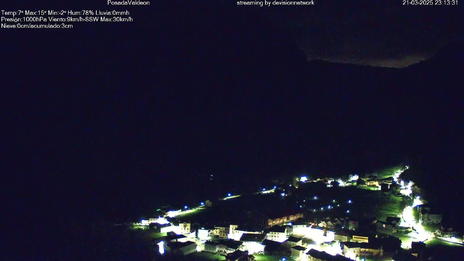 A small, illuminated village nestled in a valley under a dark, nighttime sky.