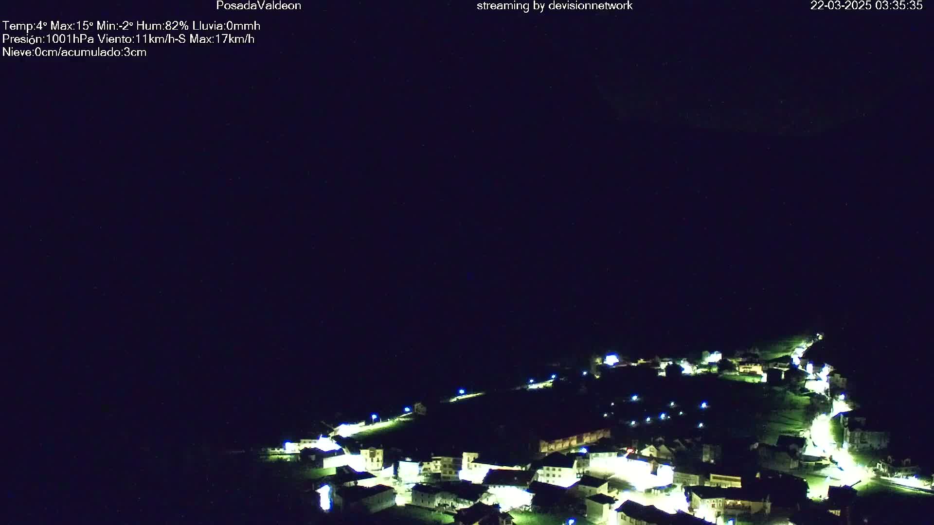 A small, dark village is illuminated at night under a clear, dark sky.