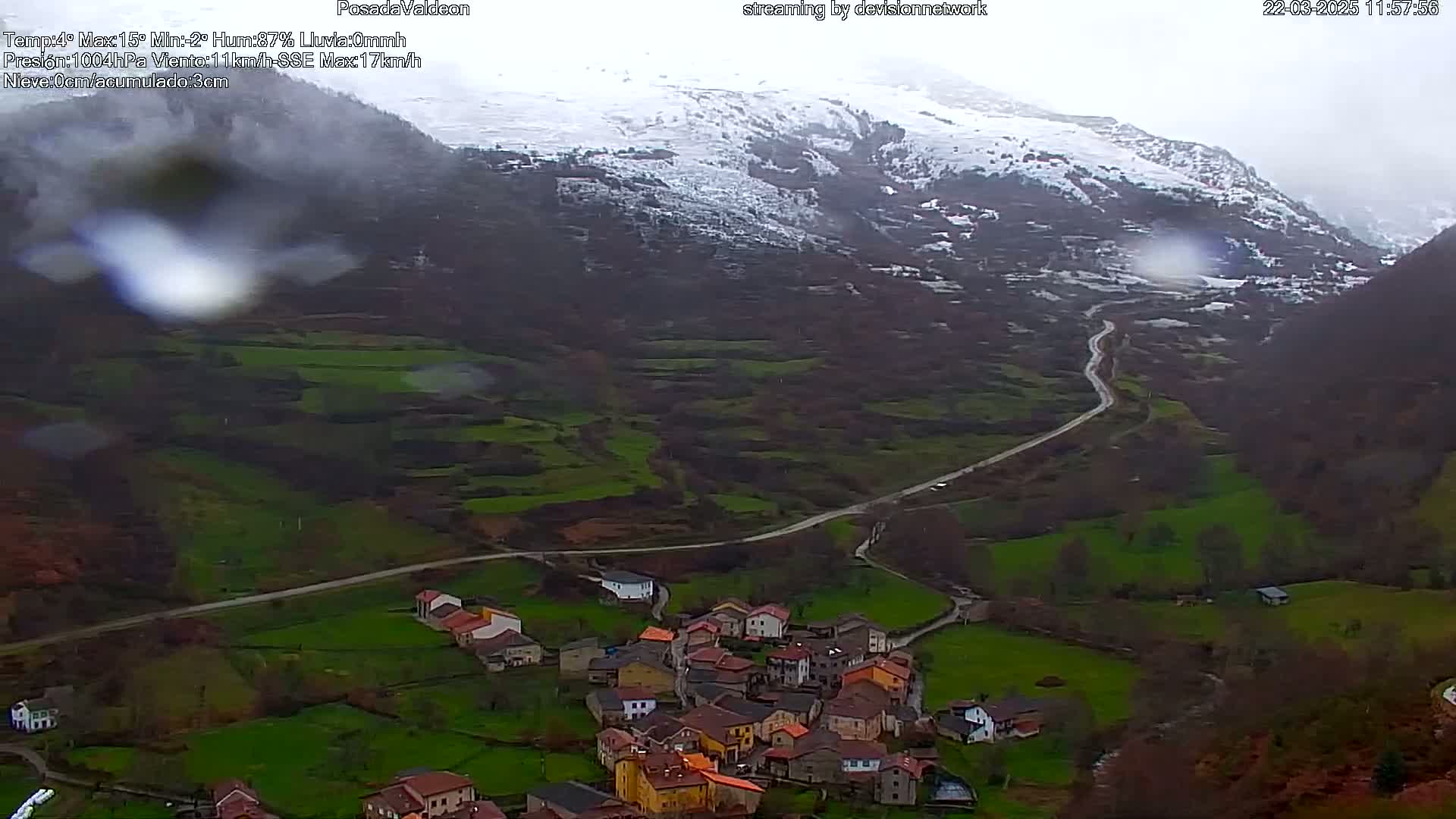 A small village nestled in a valley, with a winding road leading to it, under a rainy sky and snow-capped mountains in the background.