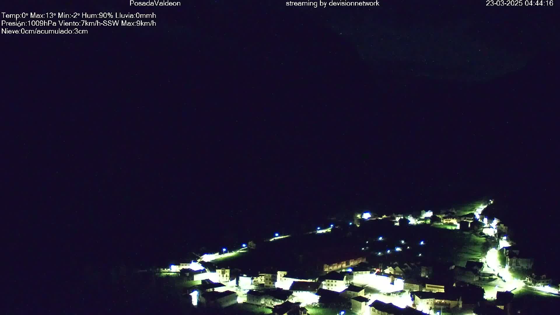 A small, illuminated village is nestled in a dark, nighttime landscape under a clear sky.