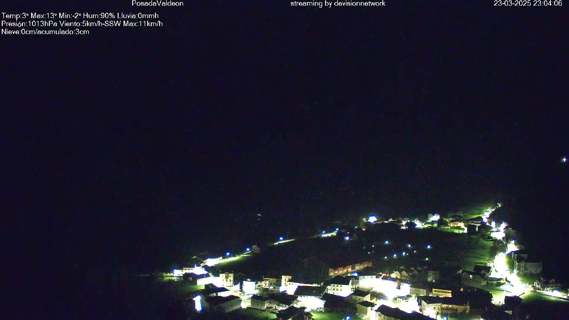A nighttime aerial view of a small, illuminated village under a clear, dark sky.