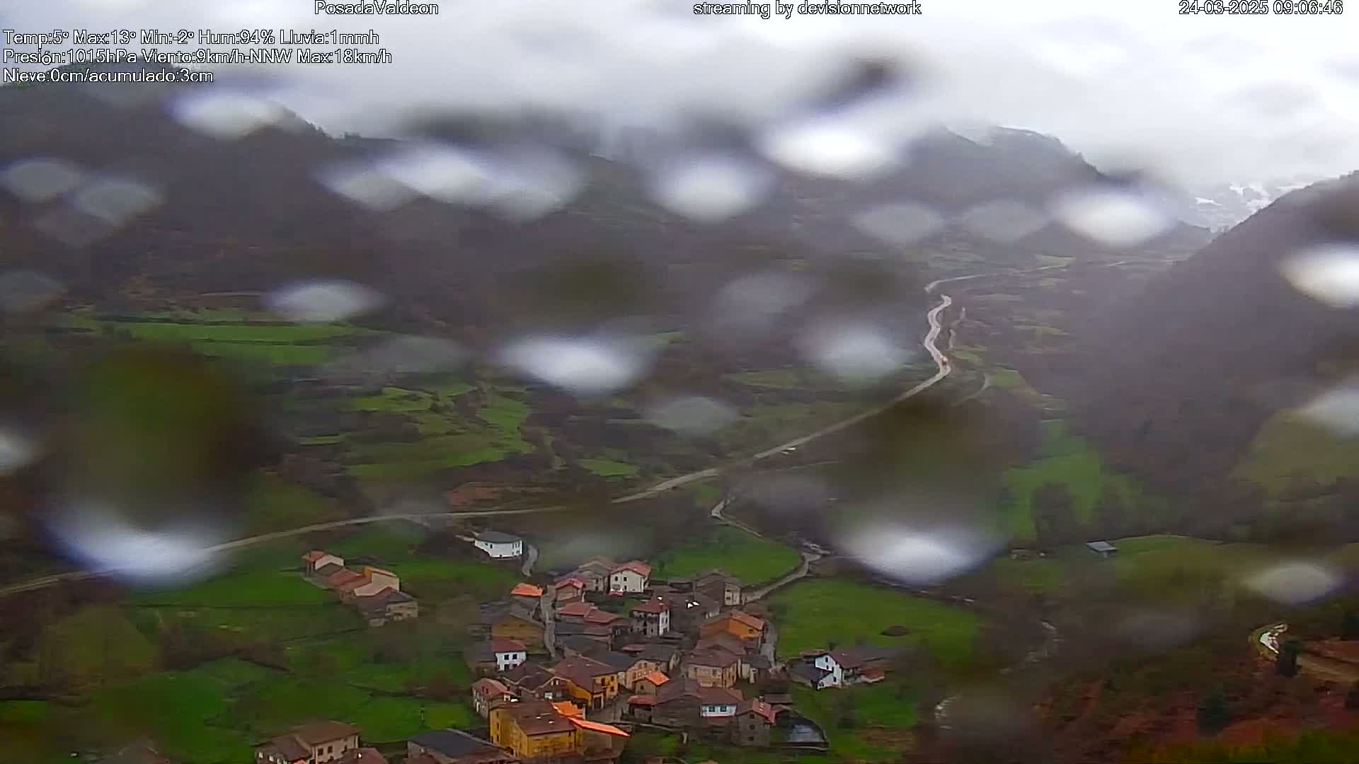 A rain-blurred view from above shows a small village nestled in a valley, with a winding road leading away from it.