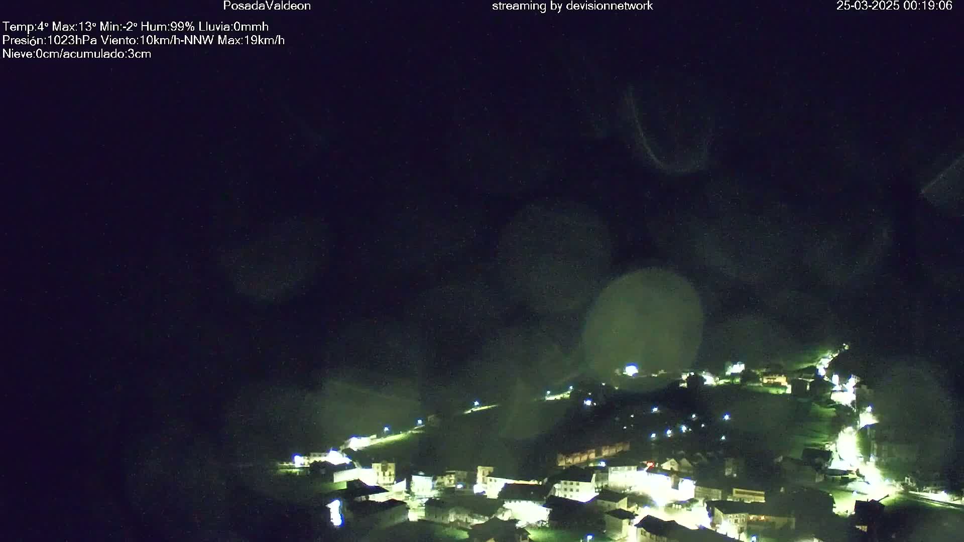 A nighttime, aerial view of a small village illuminated by streetlights under a dark, cloudy sky.