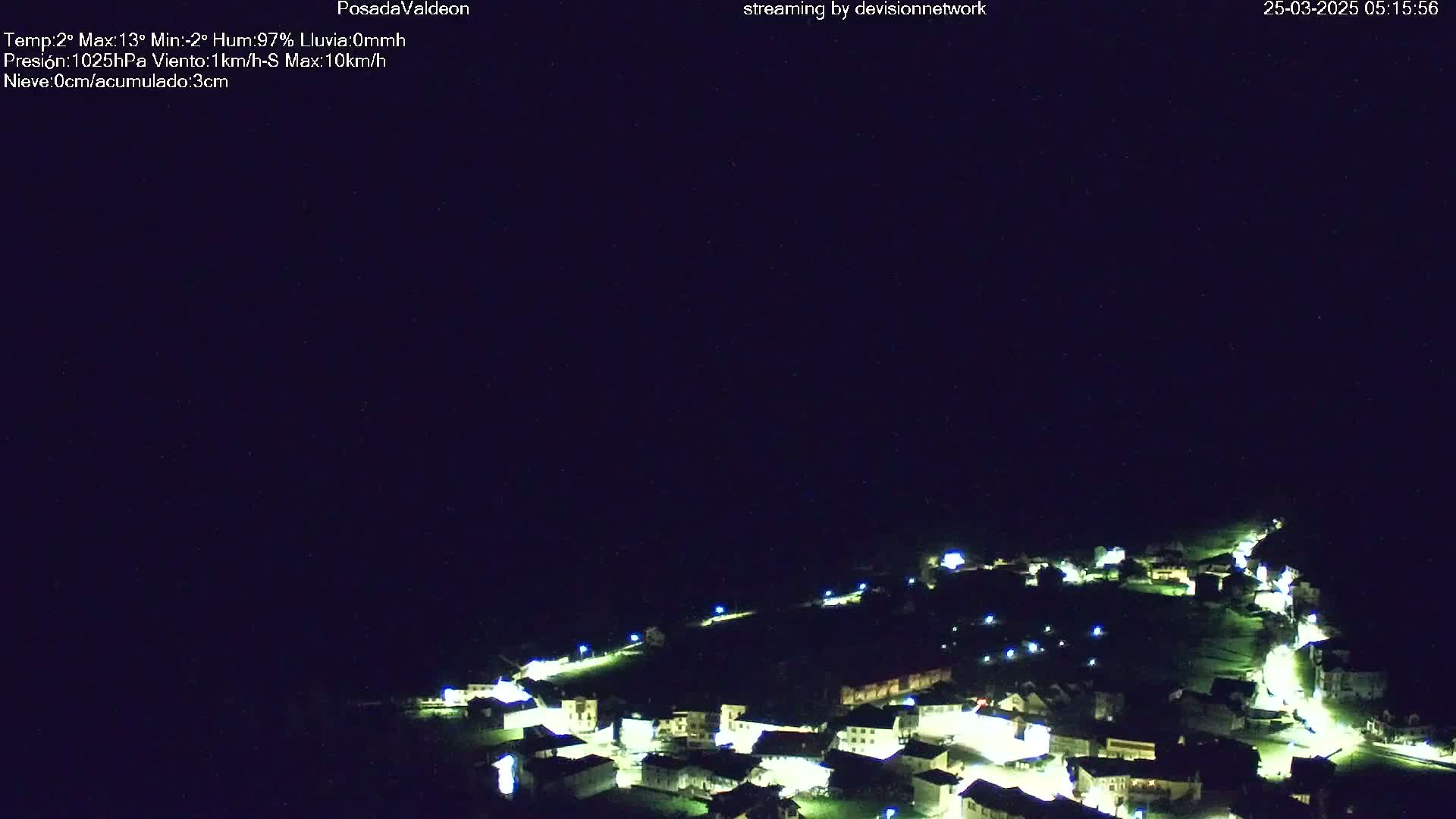 A small village is illuminated at night under a dark, clear sky.