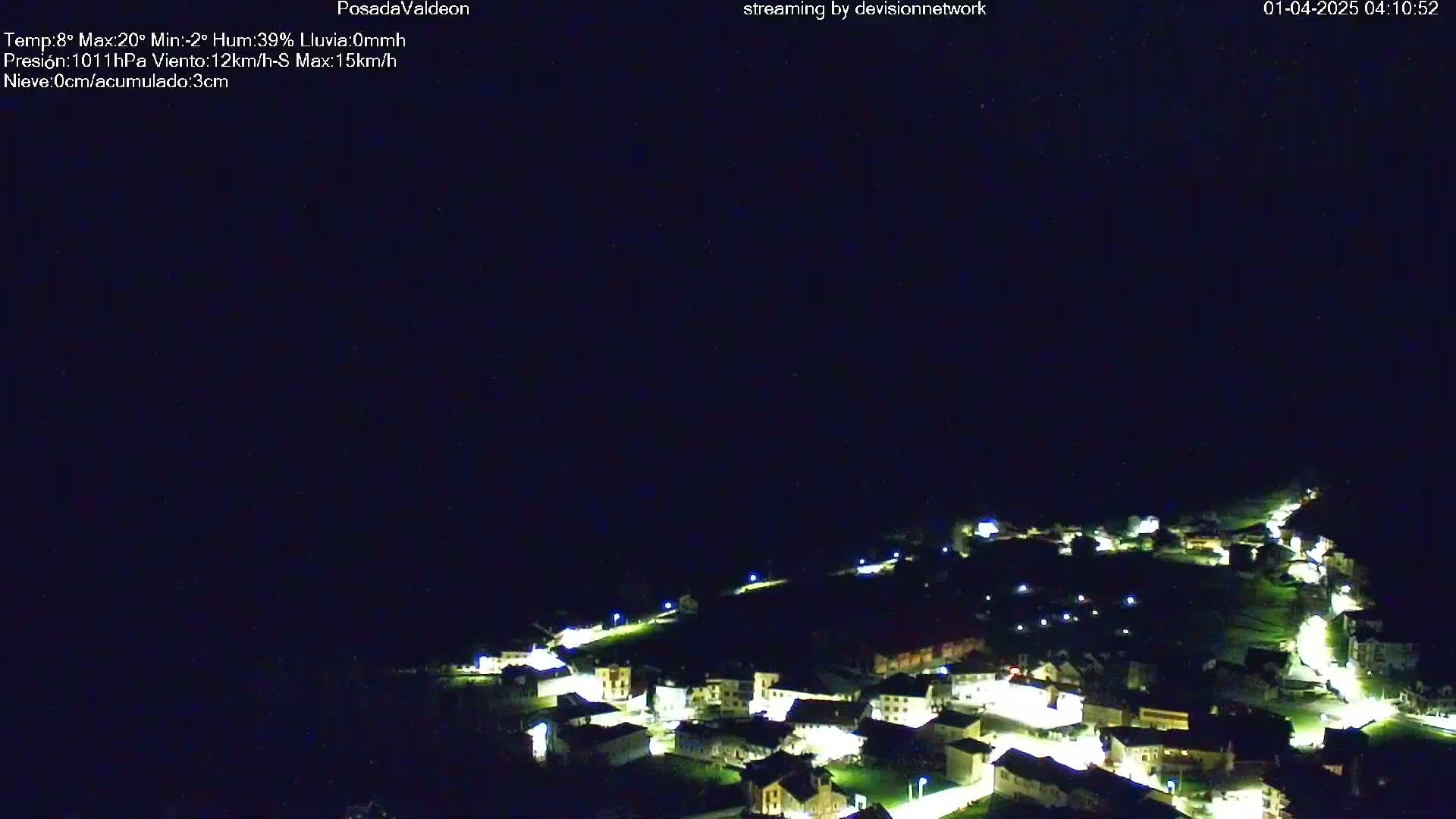 A small, illuminated town is nestled in a dark, nighttime landscape.