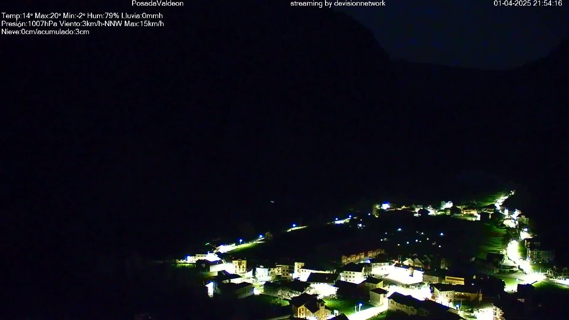 A small, illuminated village nestled in a dark valley at night under a clear sky.