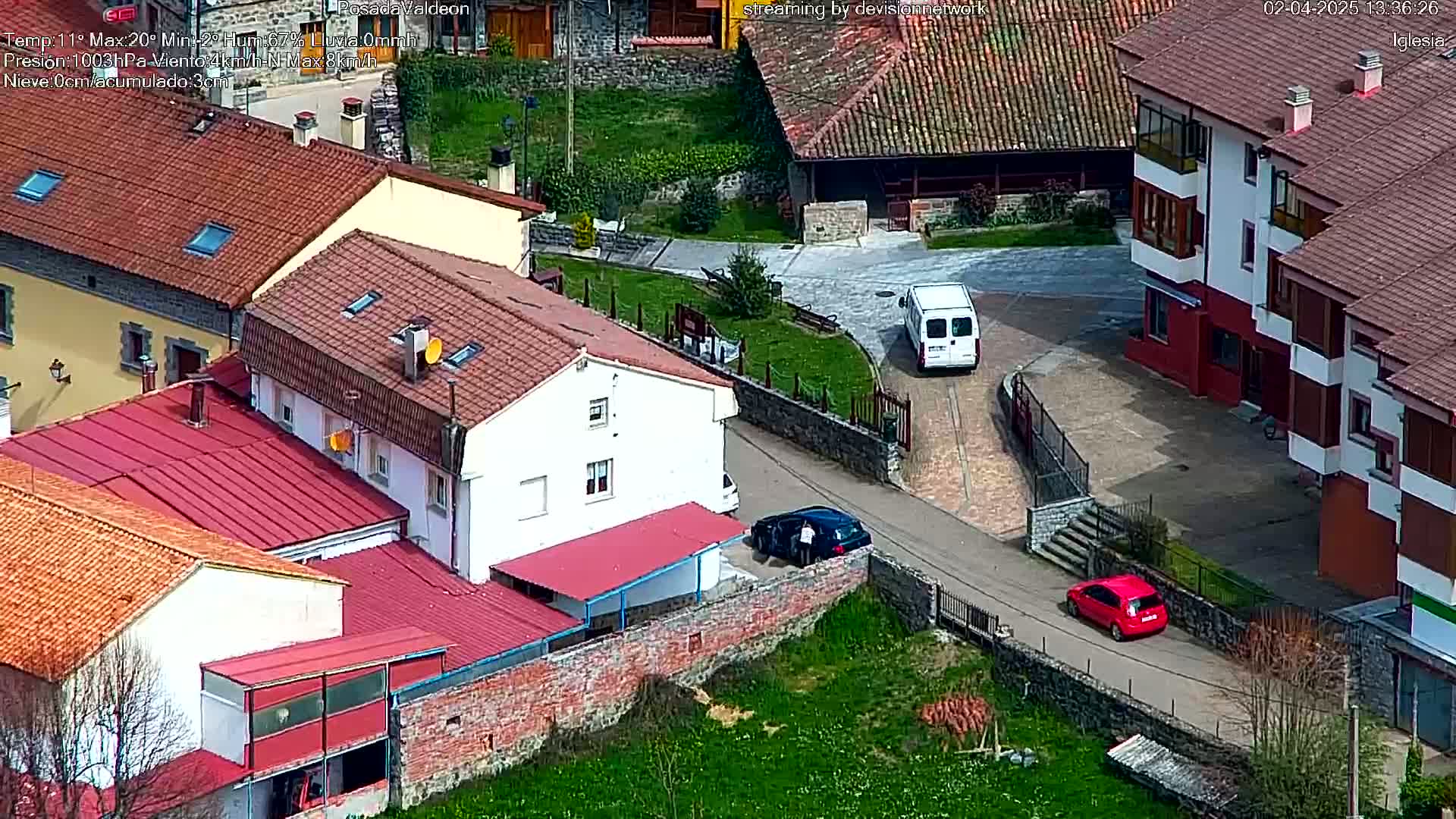 A high-angle view of a village on a sunny day shows several buildings with red tile roofs, a white van, a dark-colored car, and a red car parked on the street.
