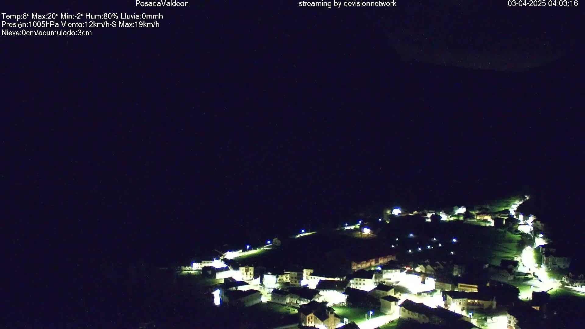 A small, illuminated village is nestled in a dark landscape under a clear night sky.