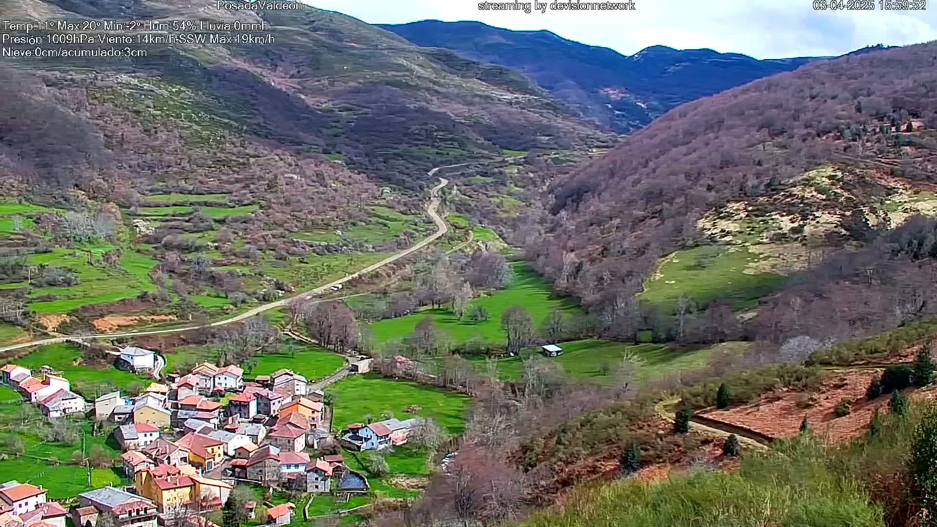 A small village nestled in a verdant valley between brown, leaf-bare hills on a sunny day.