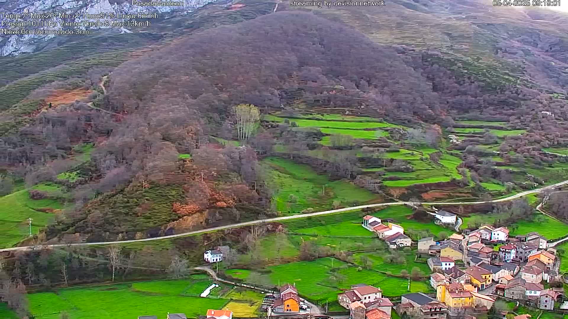 A winding road cuts through a mountainous valley with a small village nestled among green fields and bare, winter trees.