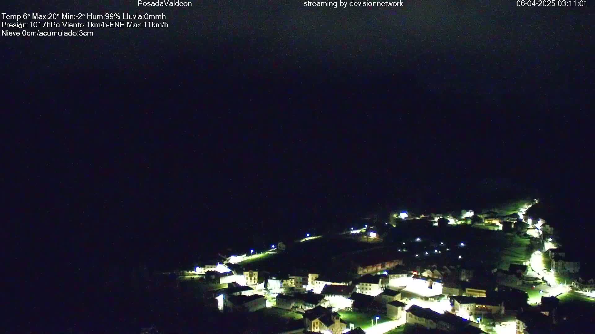 A small village at night is illuminated by streetlights under a dark, clear sky.