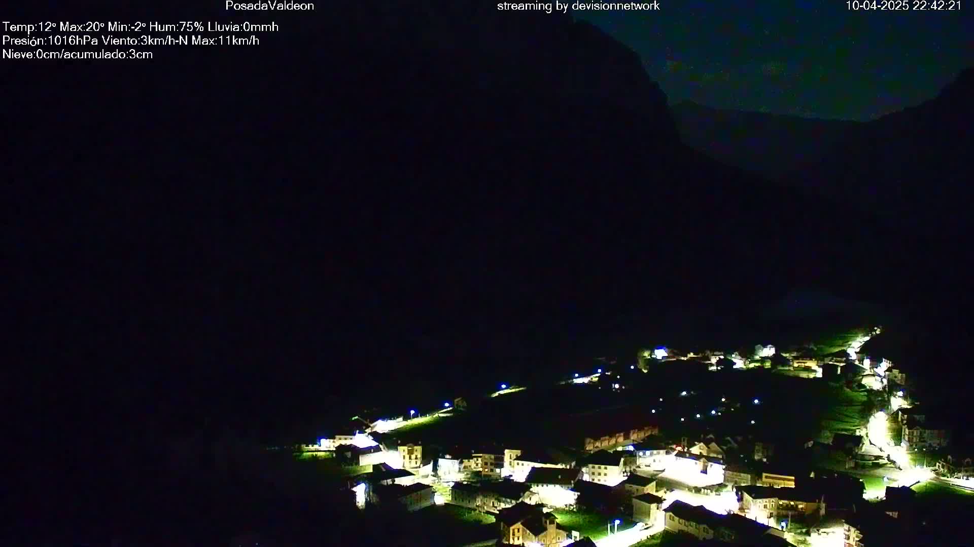A small village nestled in a dark valley under a night sky is illuminated by its lights, with a mountain looming in the background.