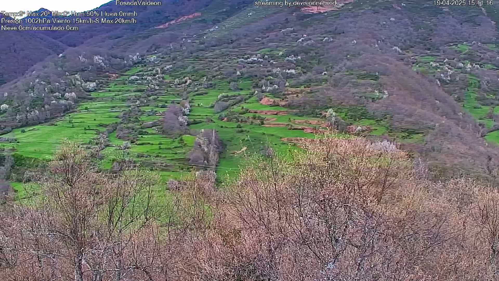 A hillside of terraced farmland with patches of green grass and leafless trees under a partly cloudy sky.