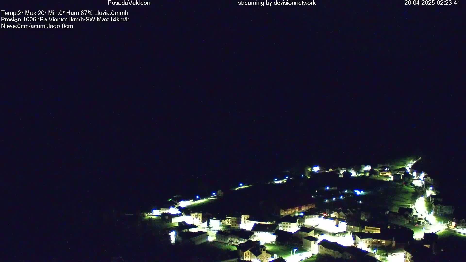 A small village illuminated at night under a dark, clear sky.