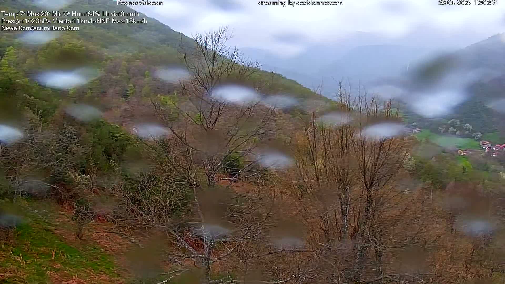 Rain falls on a hilly landscape of leafless and budding trees, overlooking a valley with a small village in the distance.