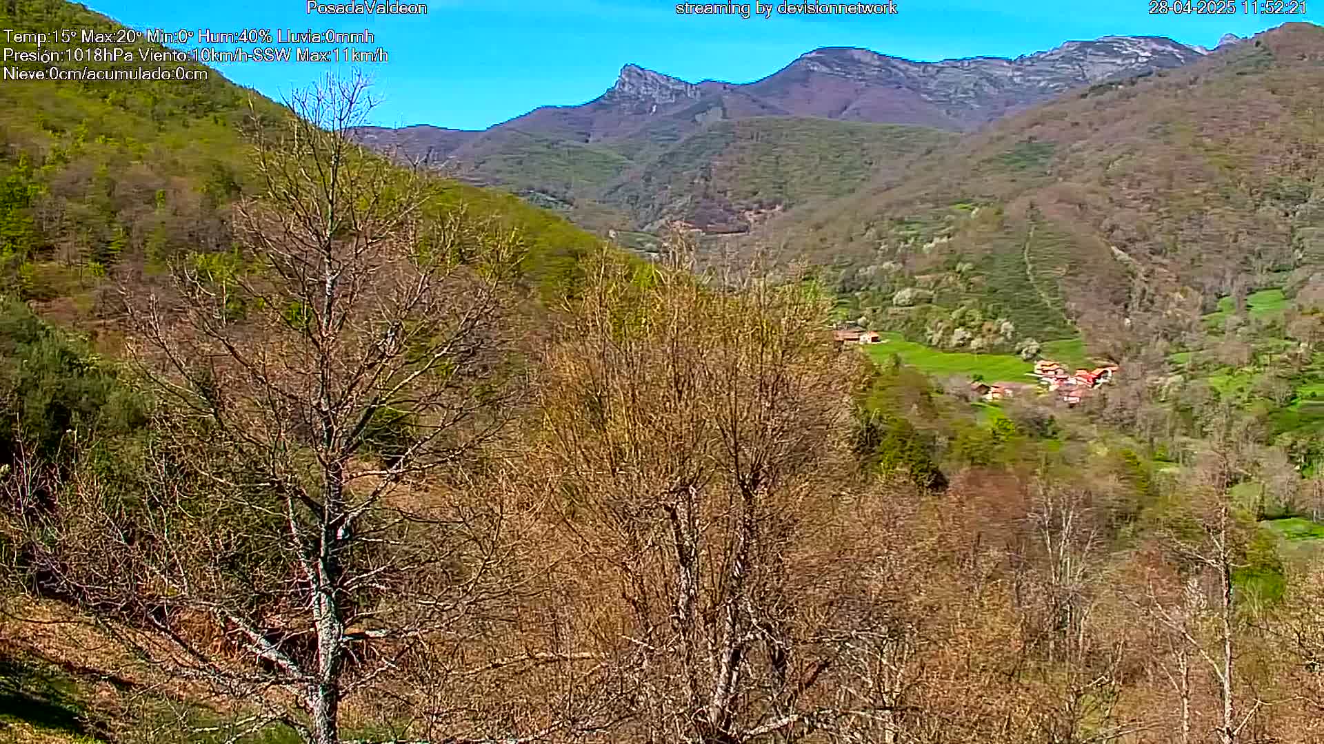 A sunny view of a valley nestled between mountains, showing a mix of leafless and budding trees and a small village.