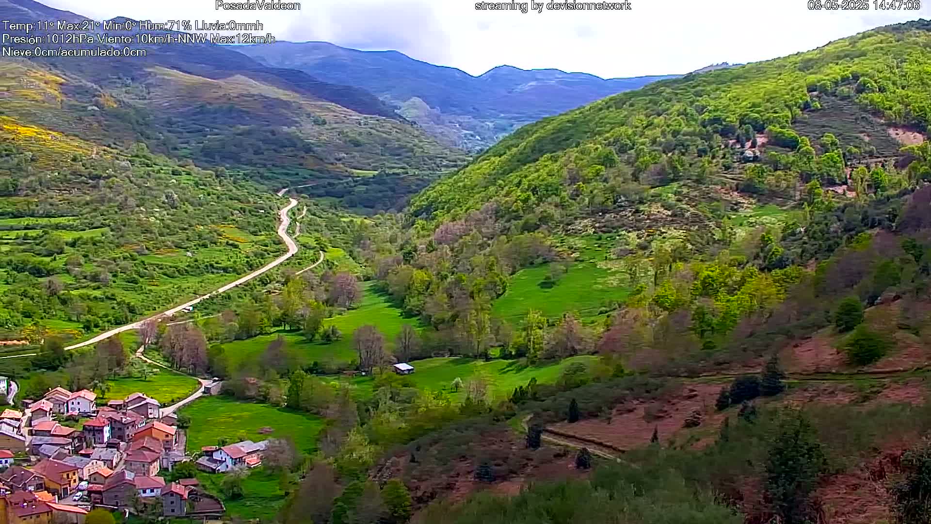A winding road leads through a verdant valley toward a small village nestled amongst green hills and mountains under a partly cloudy sky.