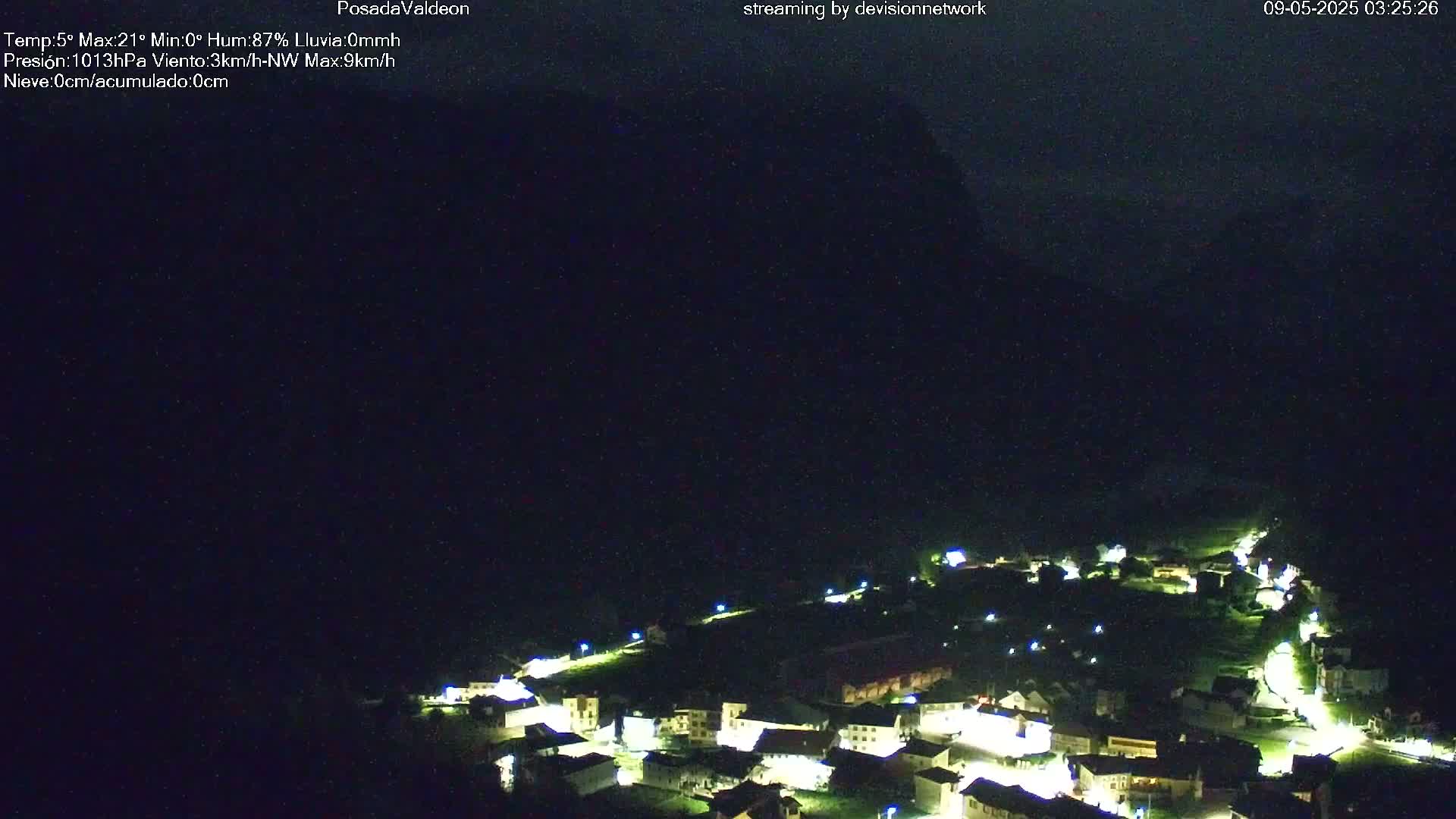 A nighttime view of a small village nestled in a valley, illuminated by streetlights under a dark, cloudy sky.