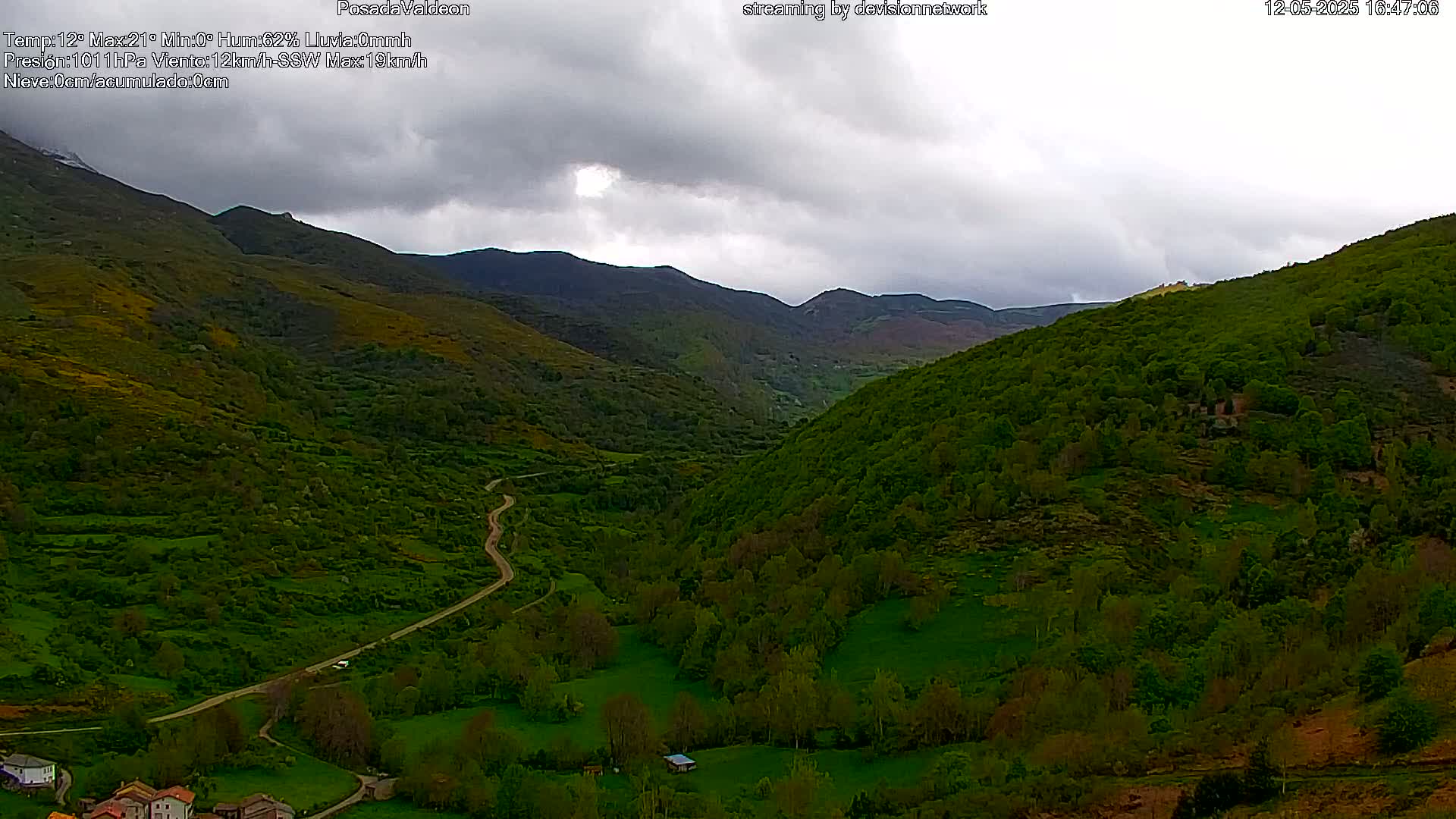 A winding road meanders through a verdant valley nestled between mountains under a cloudy sky.