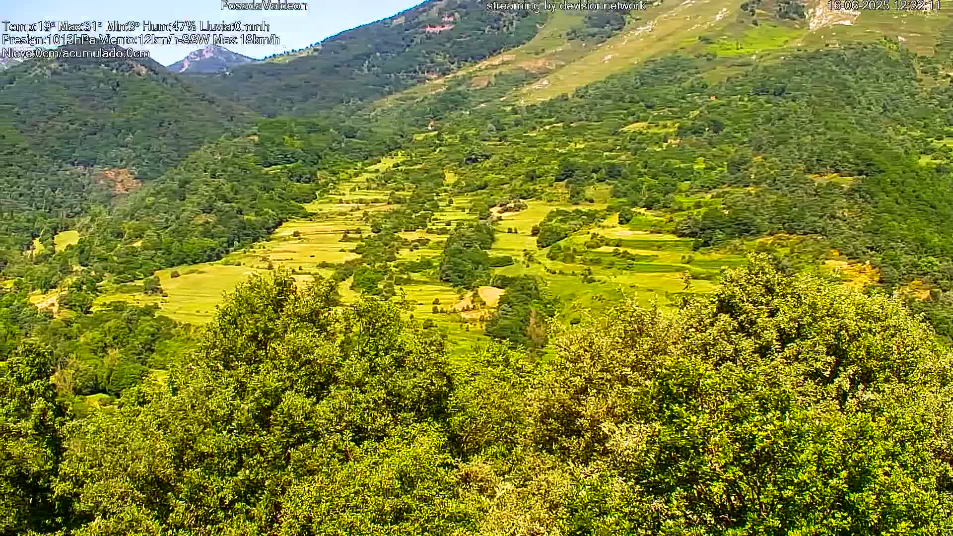 A sunny view of terraced fields and lush green hillsides.
