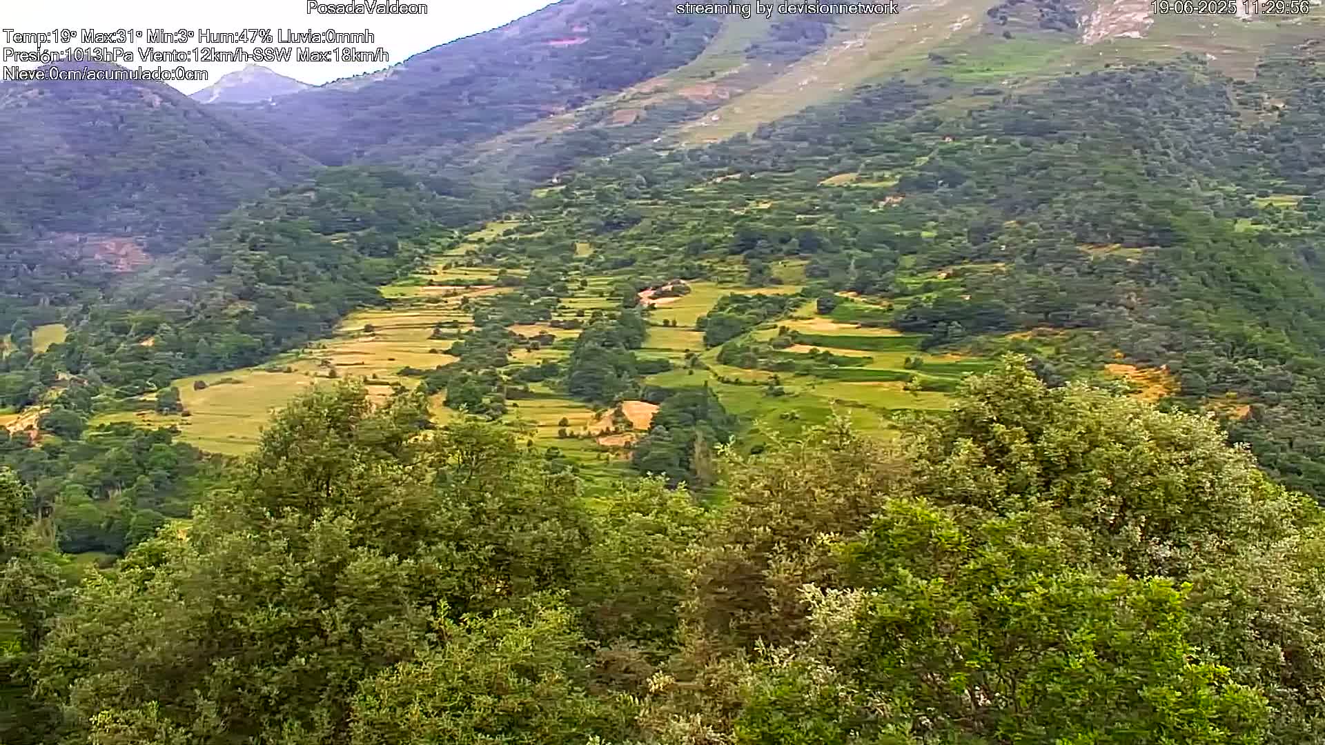 A lush green valley with terraced fields and a mountain in the background under partly sunny conditions.