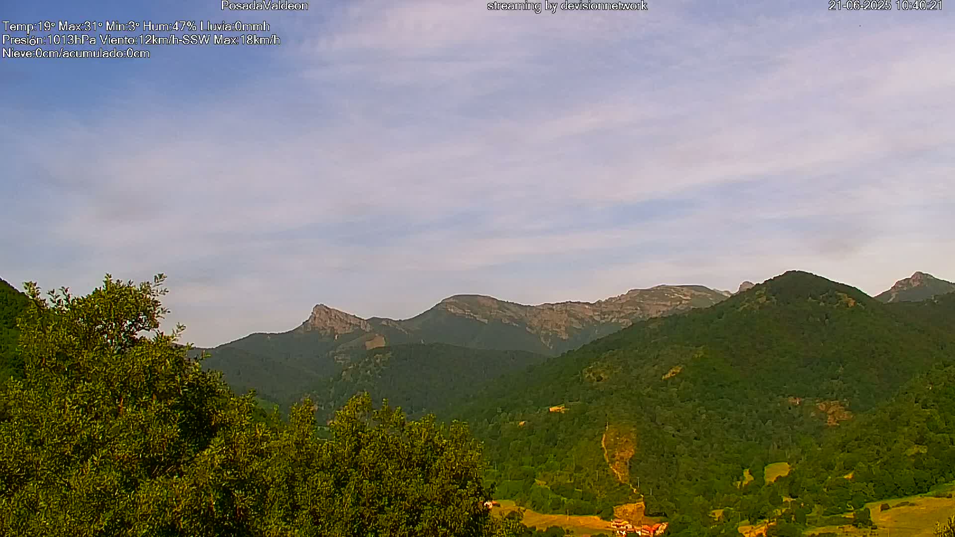 A partly cloudy sky overlooks a lush green valley nestled between a range of mountains.