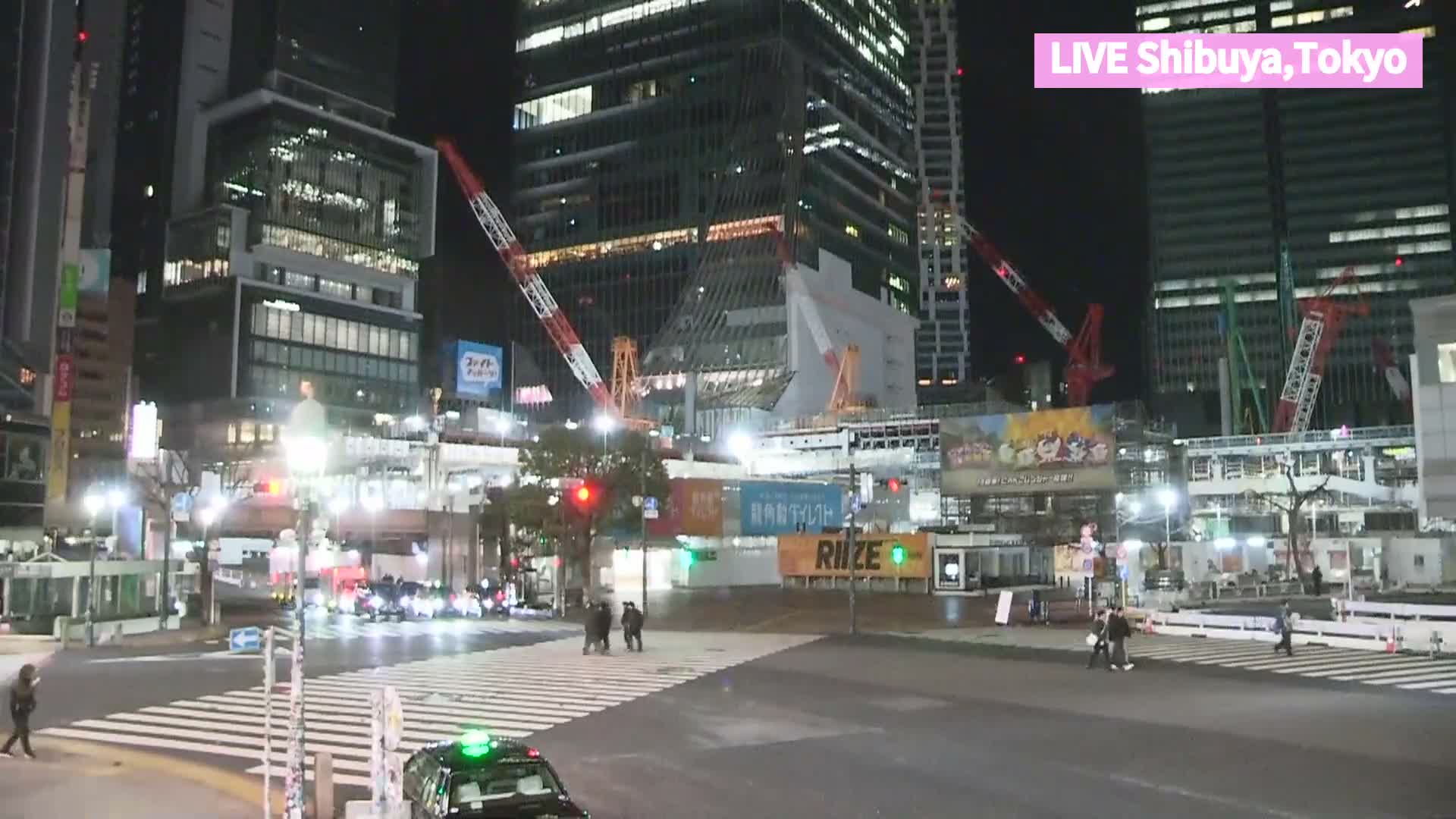 A vibrant nighttime cityscape features numerous pedestrians and cars on a busy street, surrounded by brightly lit skyscrapers and large digital displays, under a clear dark sky.