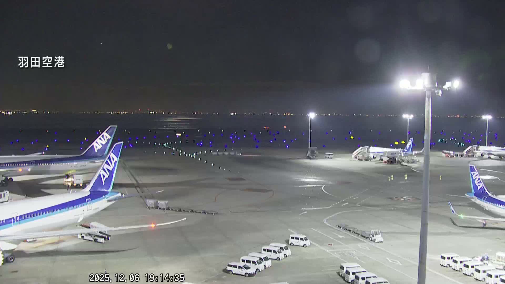 The image depicts an airport tarmac at night, bustling with parked ANA airplanes and ground vehicles, with illuminated runways and distant city lights under clear skies.