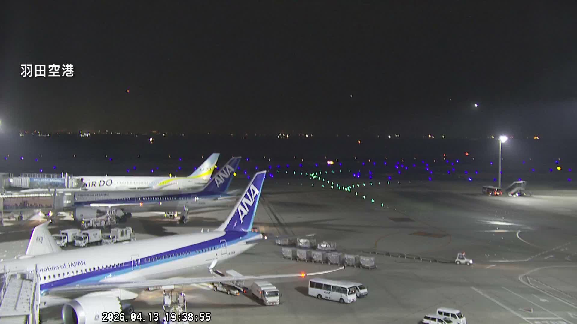 The image depicts an airport tarmac at night, bustling with parked ANA airplanes and ground vehicles, with illuminated runways and distant city lights under clear skies.