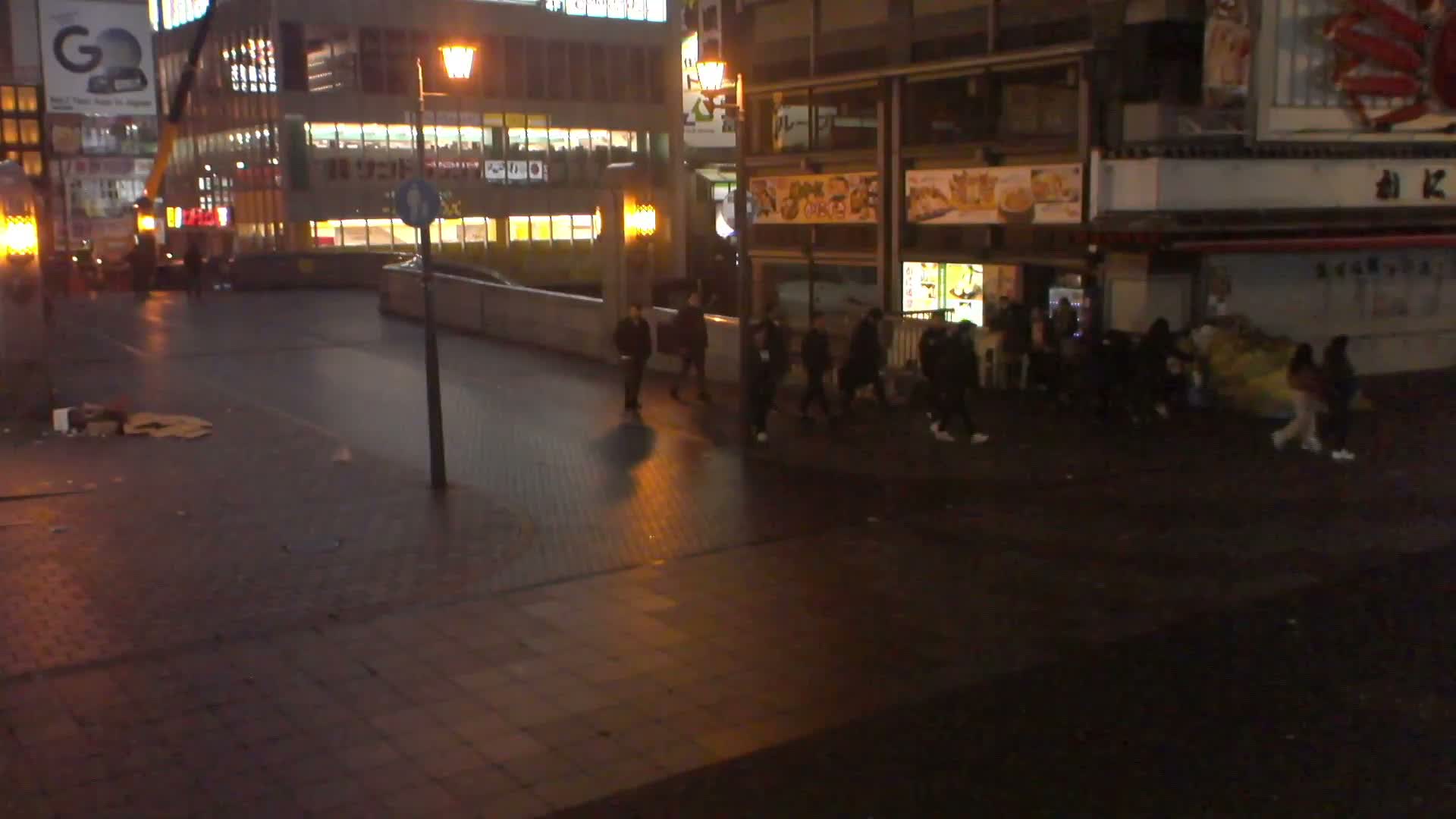 A bustling crowd of people mills about a brightly lit urban street at night, with illuminated buildings and a dark, reflective pavement under dry conditions.
