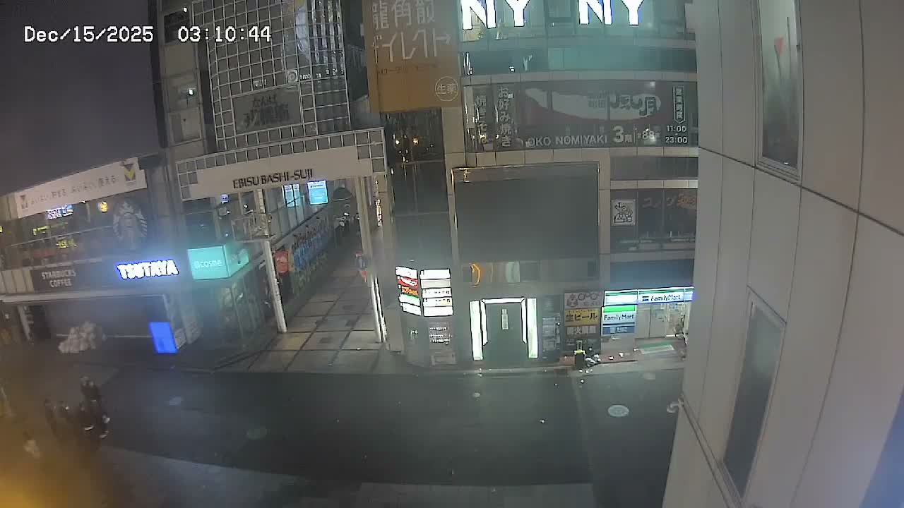 A bustling urban street is viewed from an elevated perspective at night, filled with numerous pedestrians beneath glowing digital billboards and illuminated storefronts.