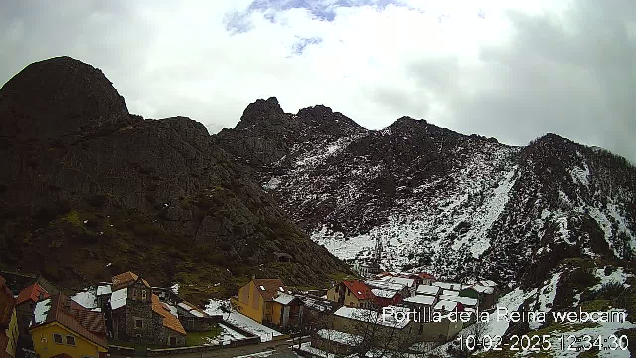 A small village nestled in a valley between snow-dusted, rocky mountains under a cloudy sky.