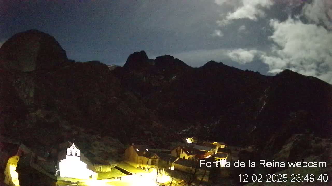 A small village is illuminated at night nestled at the base of dark, mountainous terrain under a partly cloudy sky.