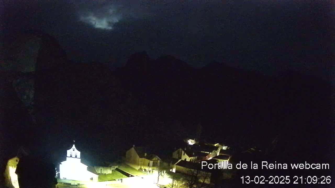 A nighttime view of a small village nestled in a dark mountain valley under a cloudy sky.