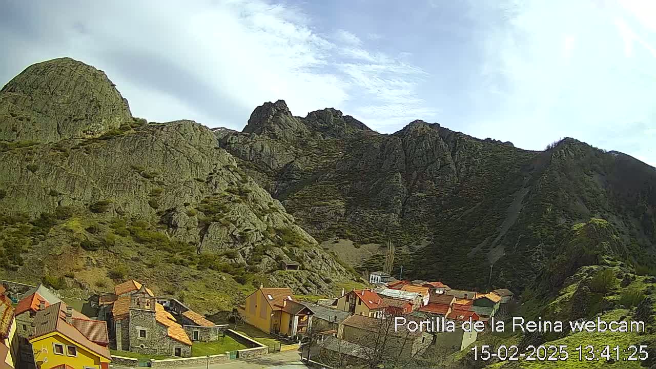 A small village nestled at the base of large, rocky mountains under a partly cloudy sky.