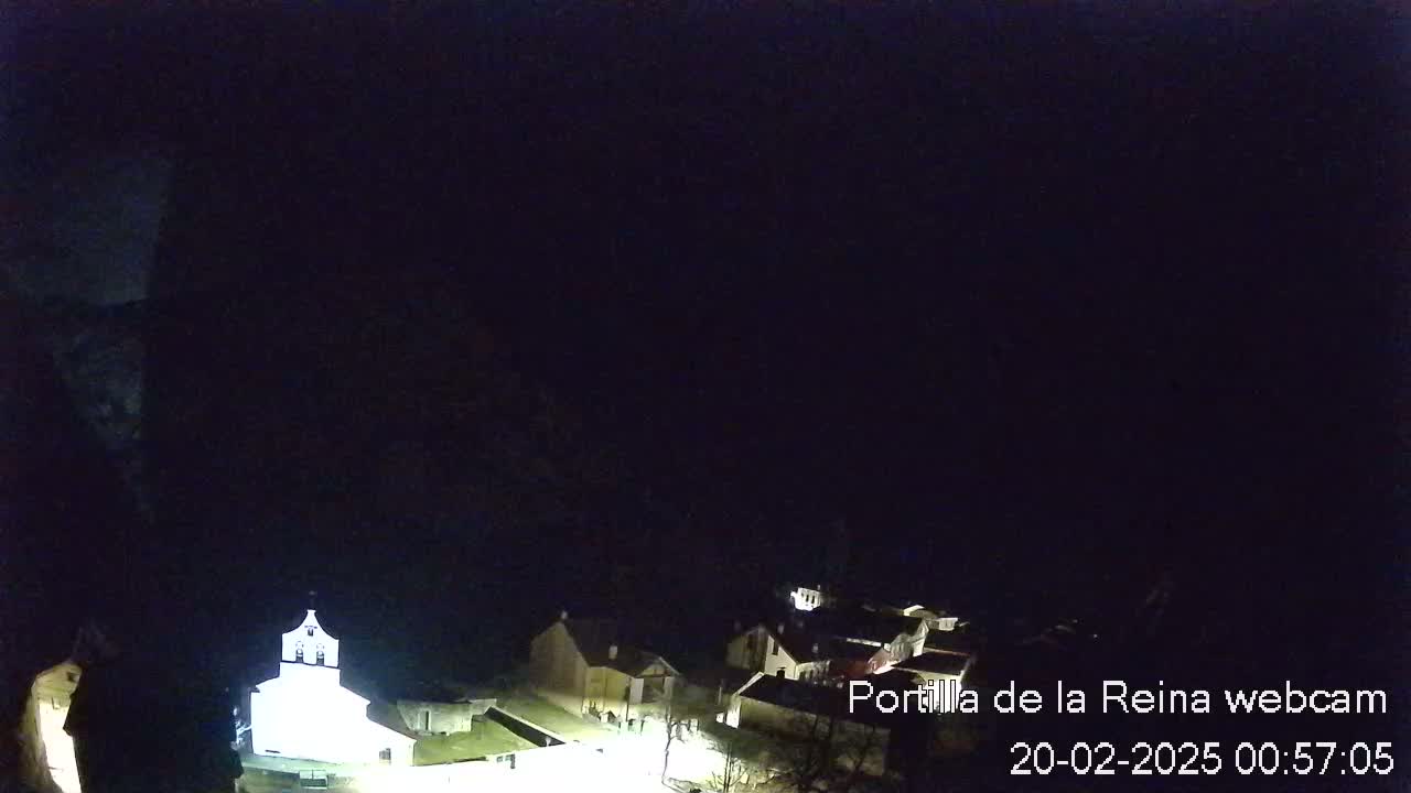 A dimly lit village is visible at night under a dark sky.