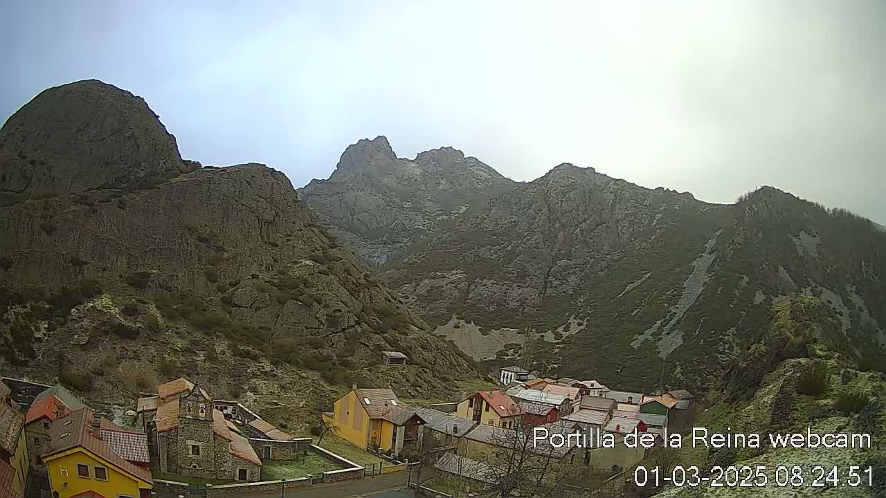 A small village nestled in a valley surrounded by rocky mountains under an overcast sky.