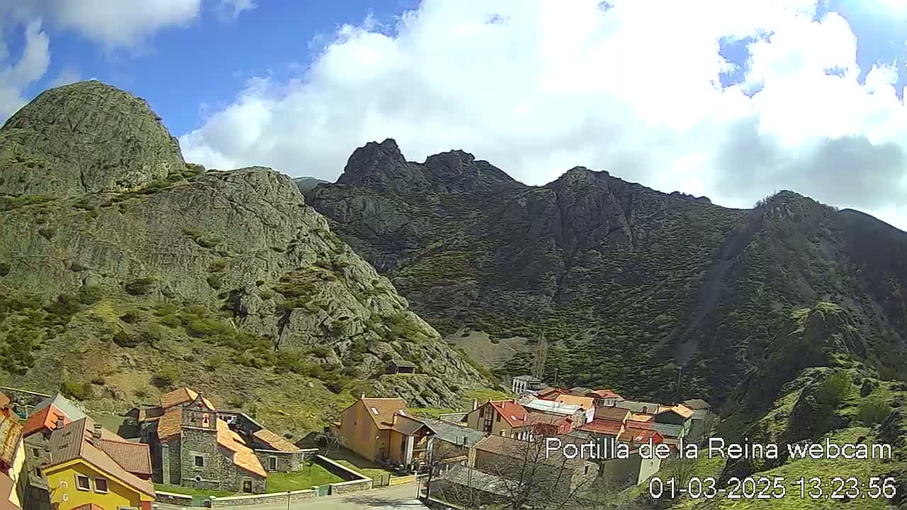 A small village nestled in a valley between large, rocky mountains under a partly cloudy sky.