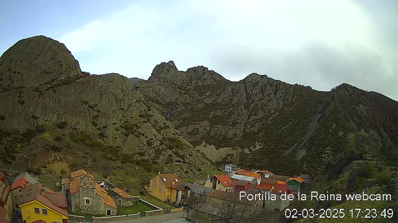 A small village nestled at the base of a rocky mountain range under a partly cloudy sky.