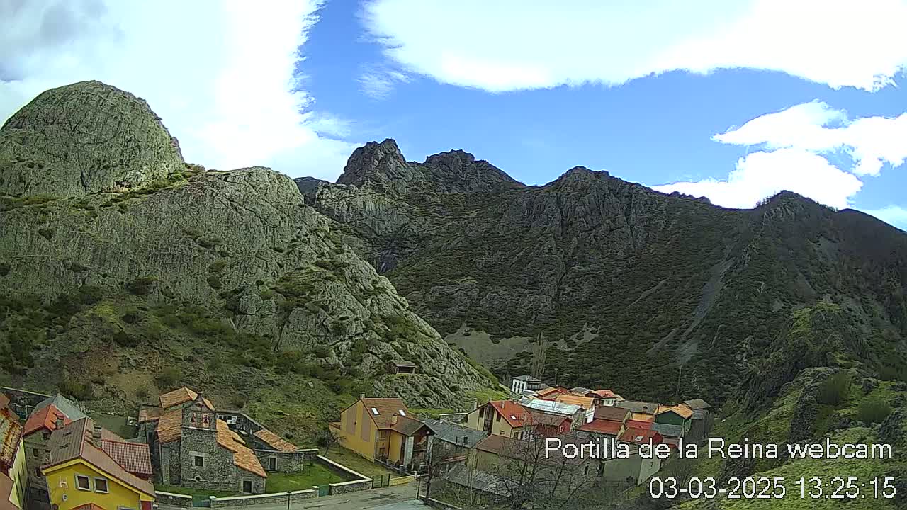 A small village nestled in a valley between rocky mountains under a partly cloudy sky.