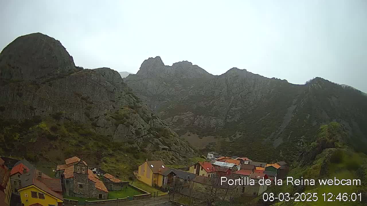 A small village nestled in a valley between large, gray, rocky mountains under an overcast sky.
