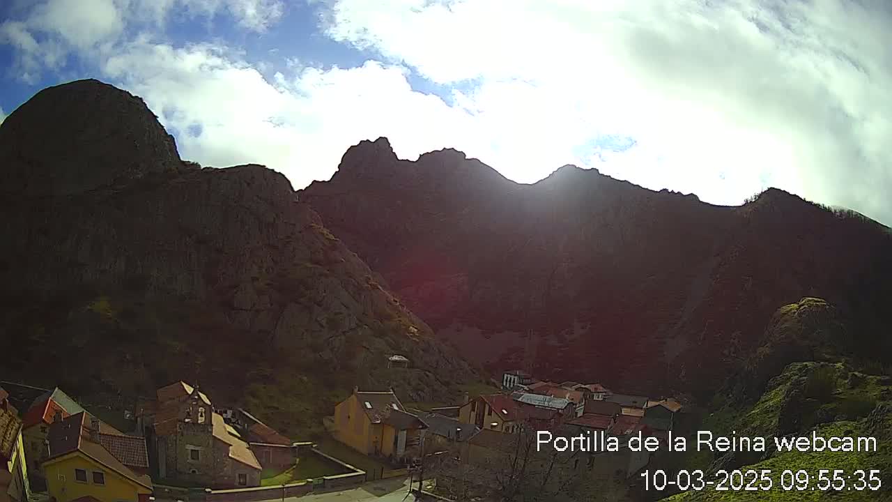 A partly sunny day reveals a small village nestled at the base of large, dark, rocky mountains.
