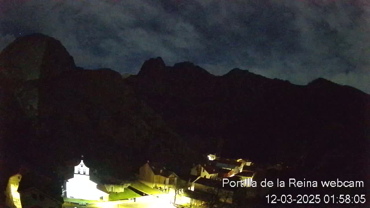 A nighttime view of a small village nestled in a valley between dark mountains under a cloudy sky.