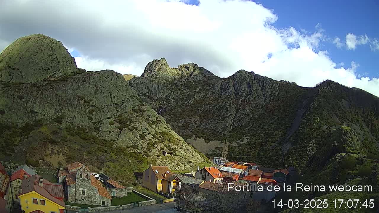 A small village nestled in a valley between rocky mountains under a partly cloudy sky.