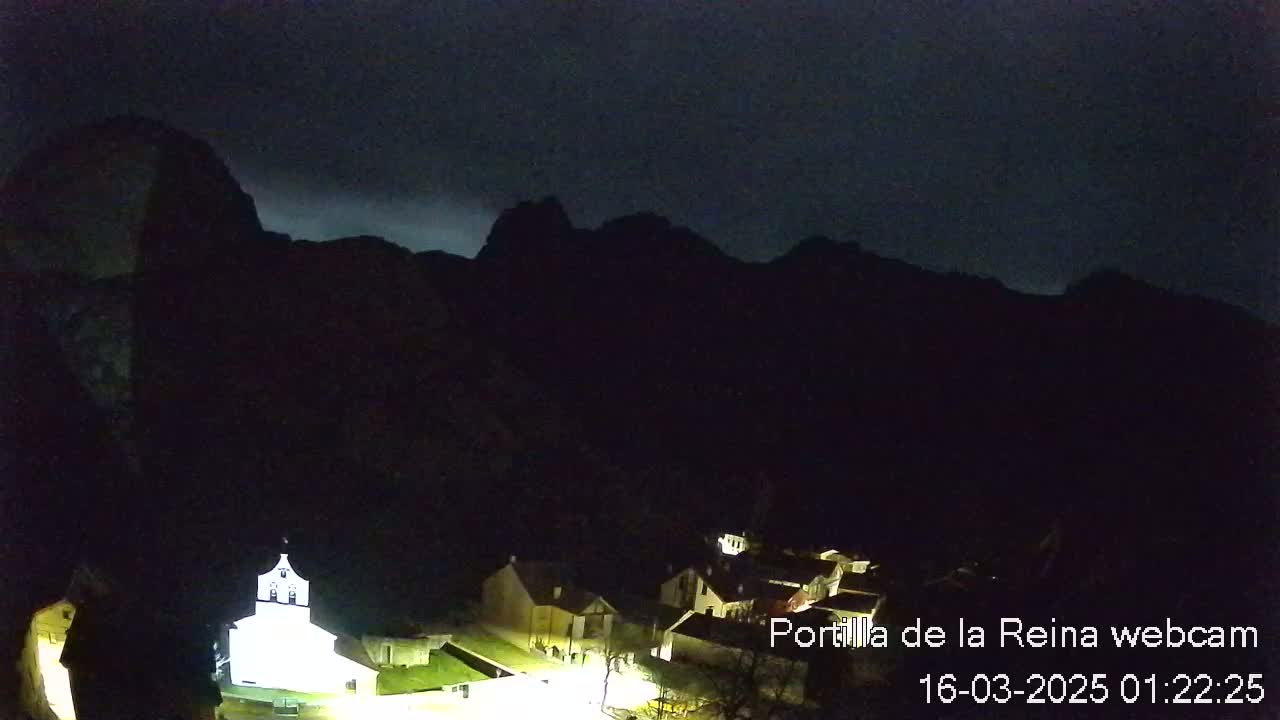 A small village nestled in a dark valley under a cloudy night sky is illuminated by a few lights, with mountains looming in the background.