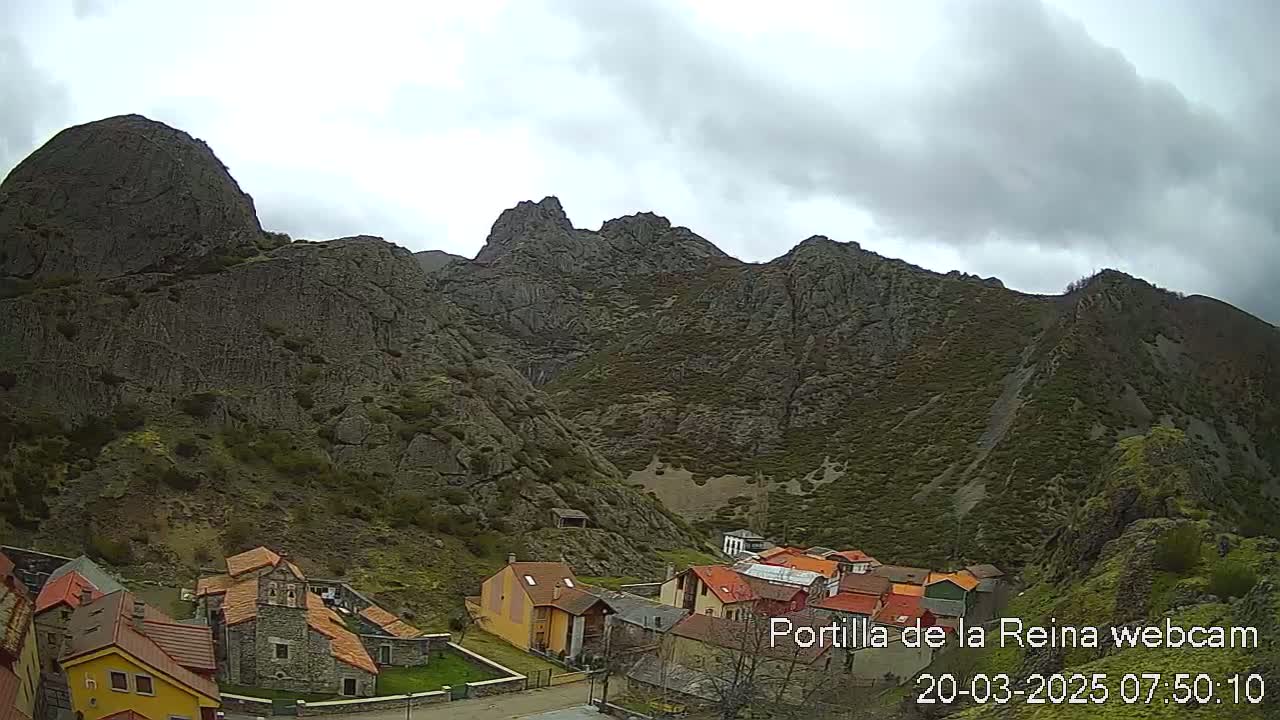 A small village nestled in a valley surrounded by rocky mountains under an overcast sky.