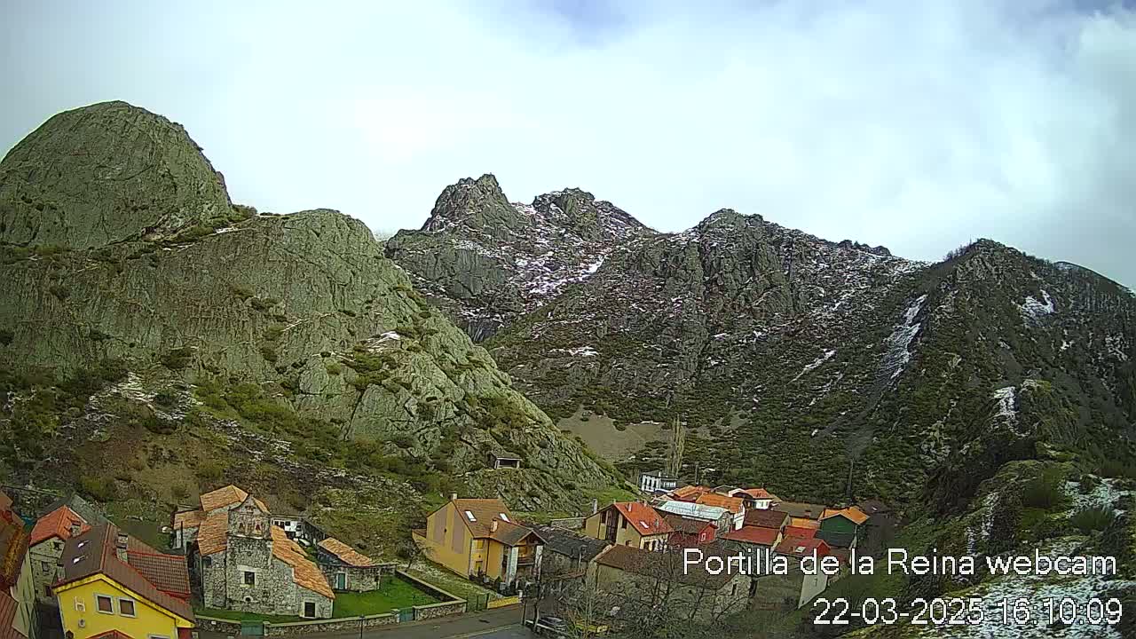 A small village nestled at the base of snow-dusted, rocky mountains under a cloudy sky.