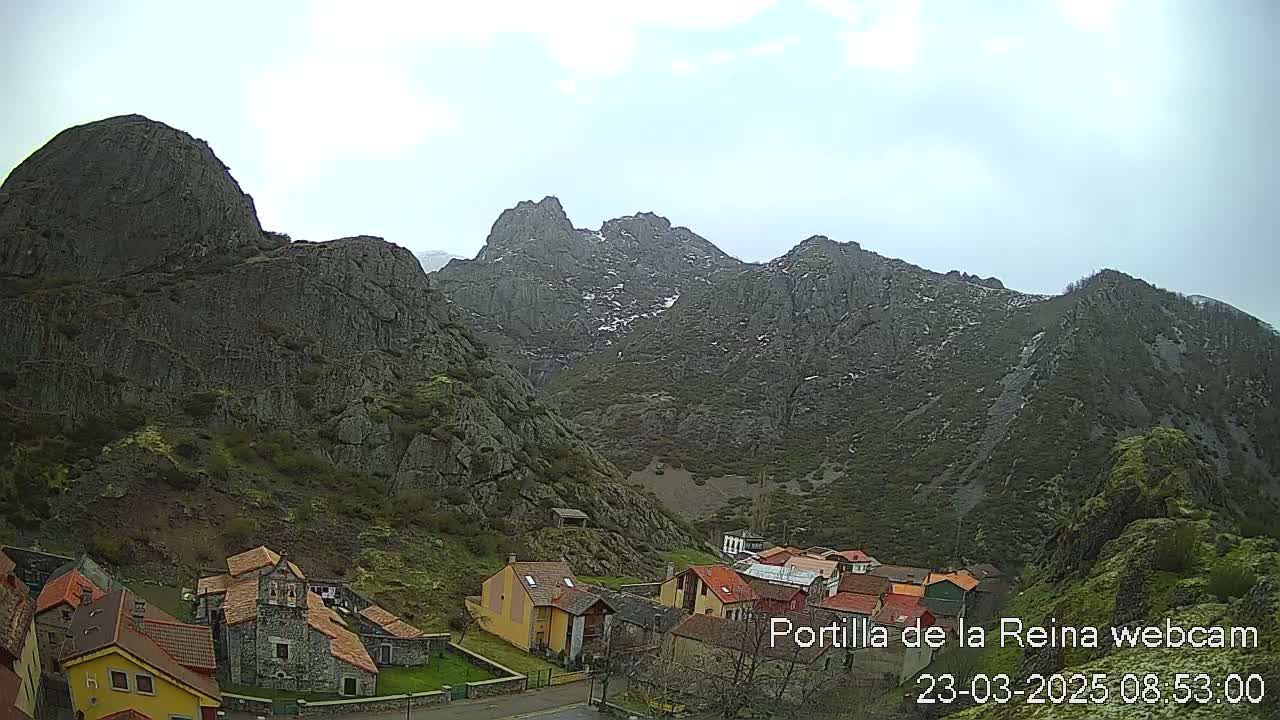 A small village nestled in a valley surrounded by rocky mountains with patches of snow under a mostly cloudy sky.